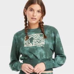 Keith Haring Cropped Wide Ribbed Graphic Green Tie Dye Sweatshirt Womens Size XS
